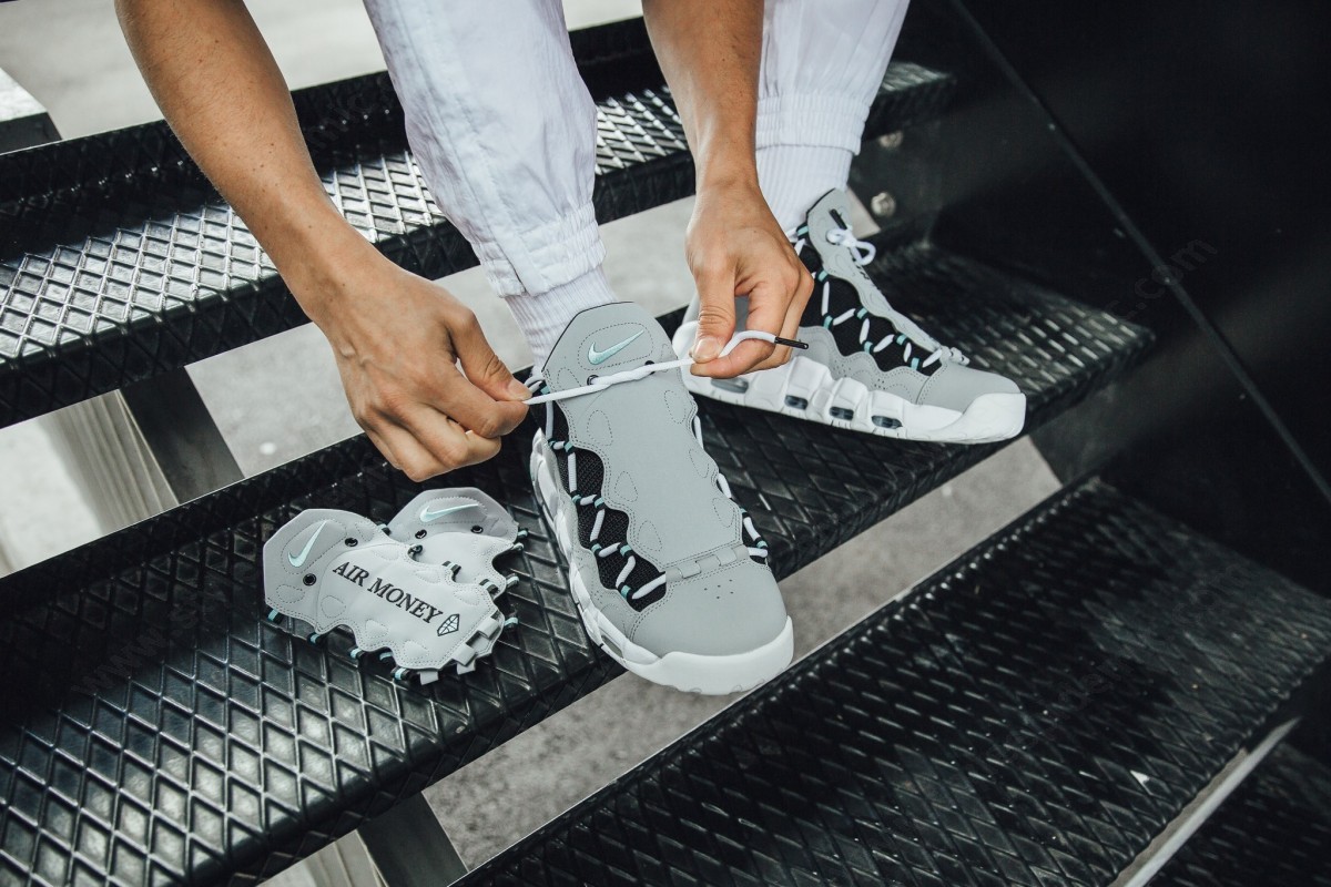 nike air more money wolf grey island green